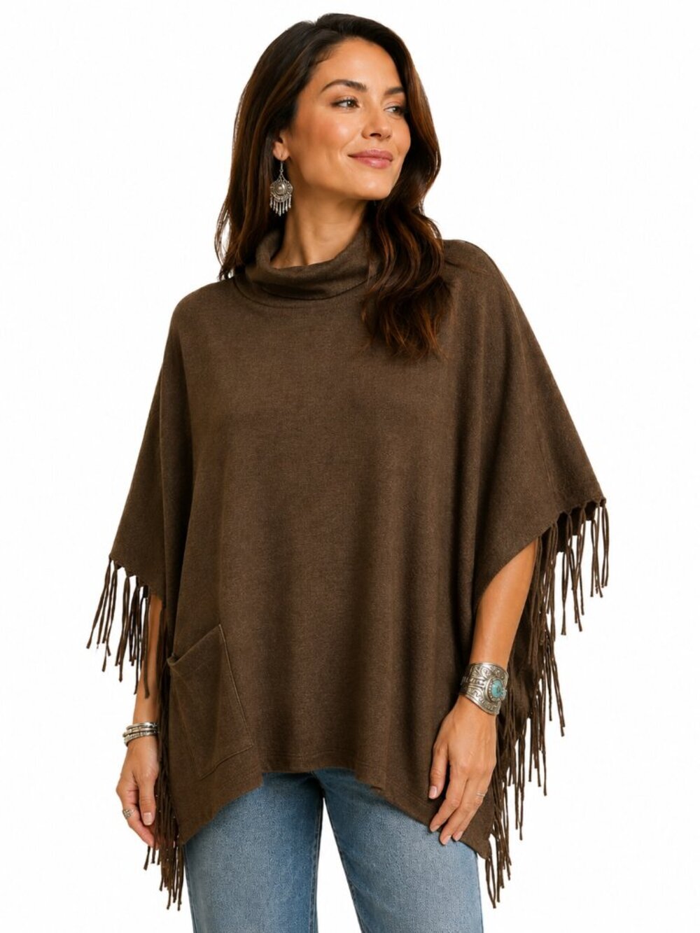 Back in the Saddle Bluff Trail Turtleneck Fringed Poncho Armholes Pocket One Sz